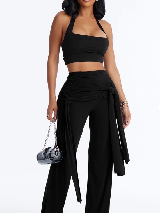 Fashion Nova Pants - Fashion Nova Black Halter Crop Top with Wide-Leg Pants Set